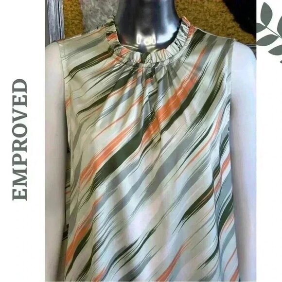 Empowered Sage Green Ikat Top Sleeveless Ruffle Collar Sustainable Fabric - Picture 4 of 5